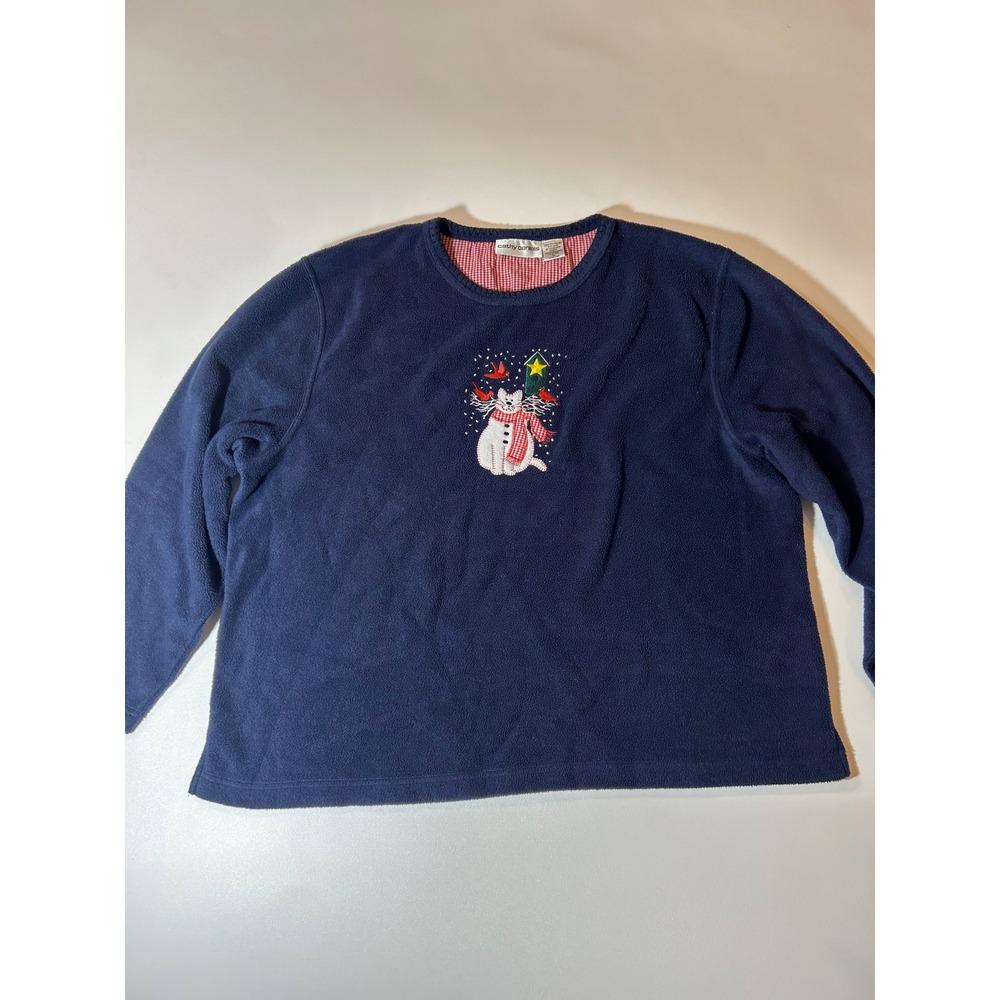Cathy Daniels Fleece Pullover Women's XL Navy Blue Christmas Cat Embroidered